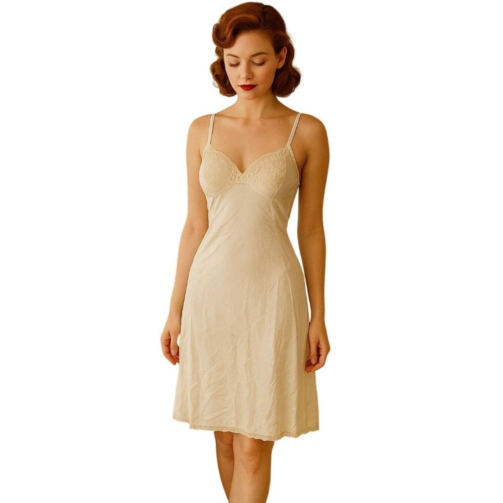 Vintage 50s Silky Slip Dress Lace Chest Adjustable Straps Lingerie Chemise